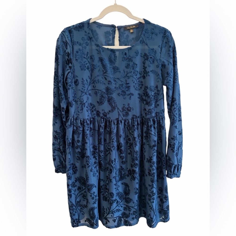 City Studio Dark Romantic Vamp Deep Blue Sheer Velvet Burnout Babydoll Dress SM